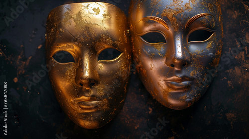 Two metallic gold masquerade masks on black stage background  © Ummeya