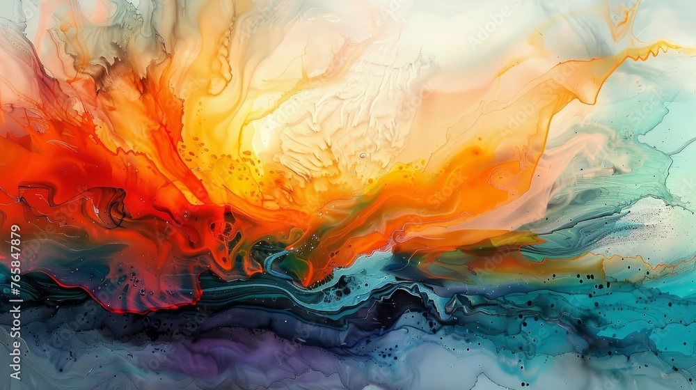 This artwork features an abstract and colorful composition created with a mixture of oil, water, and