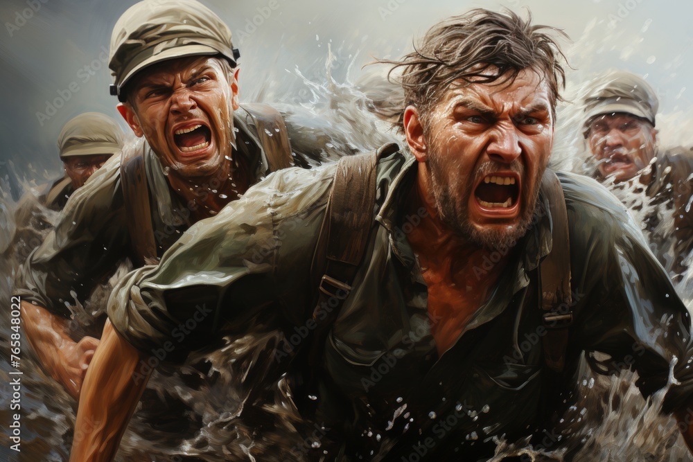 Fototapeta premium Battle-weary soldiers charging through surf post beach landing. Armed with rifles, their faces show a mix of fear and determination as they advance towards the enemy lines.