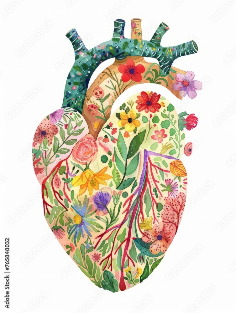 A painting depicting a heart intertwined with delicate flowers and leaves, creating a beautiful and natural composition