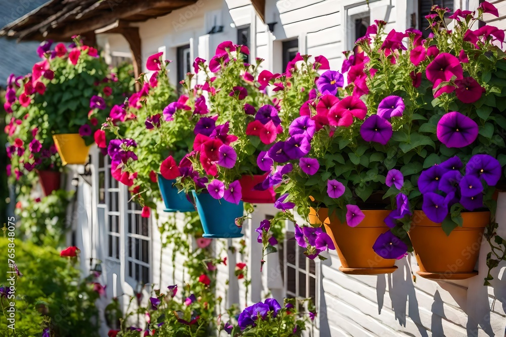 planters with multi - colored petunia flowers against summer cottage wall
