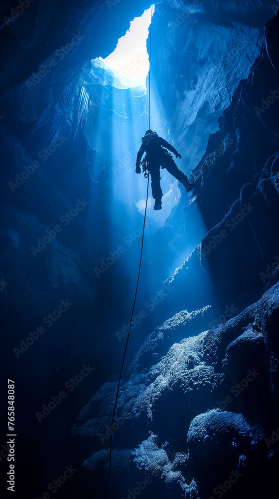 A speleologist descends on cables into a deep cave, the contrast between light and darkness - obrazy, fototapety, plakaty 