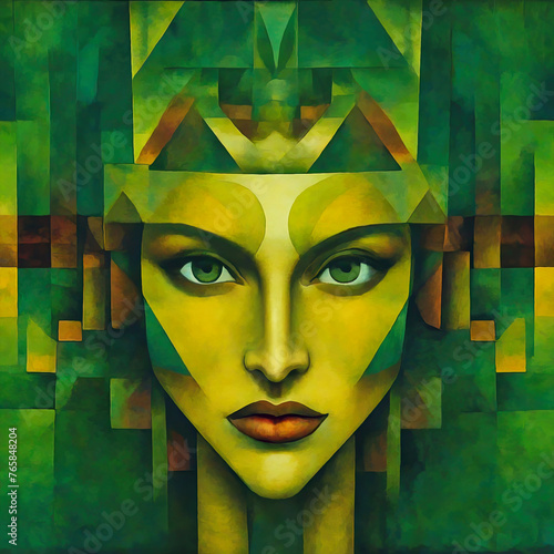 Cubist portrait of a young woman with green eyes in artificial green surroundings. Mixed reality. photo