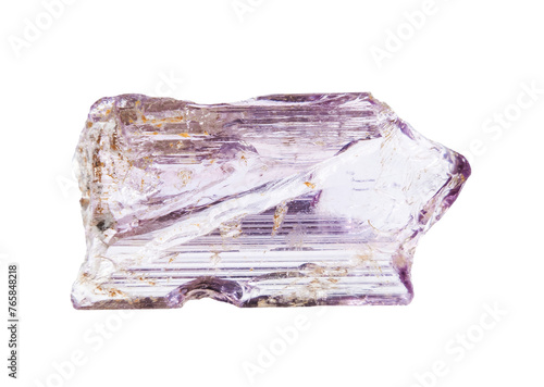 close up of sample of natural stone from geological collection - unpolished purple scapolite crystal isolated on white background from Tajikistan