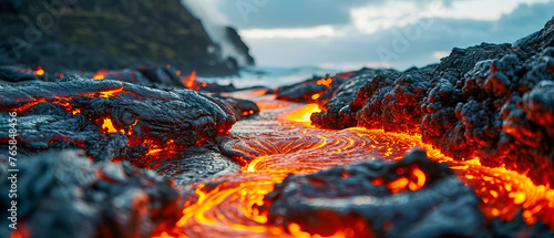 Dramatic close-up of glowing molten lava flow against a dimming sky, highlighting nature's raw power