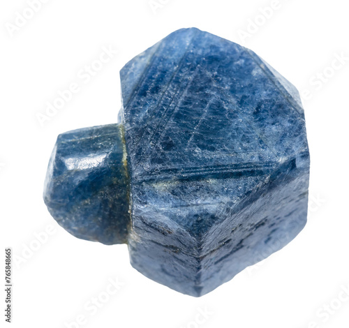 close up of sample of natural stone from geological collection - raw blue sapphire crystal with branch isolated on white background from Madagascar