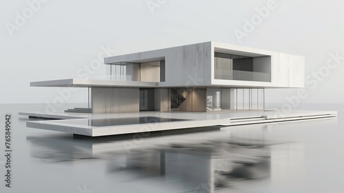 Architect 3D model of minimalist building asymmetrical balance white and gray Minimalist outfit Realistic, detailed rendering