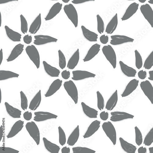 Seamless abstract botanical pattern. Grey flowers on white background. Digital brush strokes. Design for textile fabrics  wrapping paper  background  wallpaper  cover.