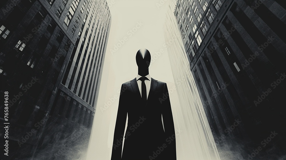 Faceless silhouette in a sleek business suit against a background of monochrome office buildings, symbolizing the dehumanizing nature of corporate life and the impersonal relationships that can arise. - obrazy, fototapety, plakaty 