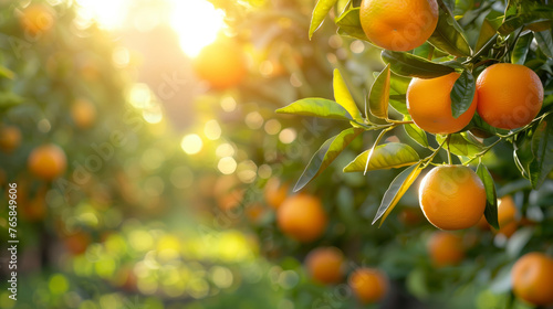 Bright ripe tangerines on a branch overlooking a sunset  landscape with gardens and fruit plantations