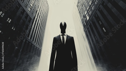 Faceless silhouette in a sleek business suit against a background of monochrome office buildings, symbolizing the dehumanizing nature of corporate life and the impersonal relationships that can arise. photo