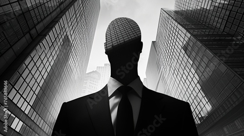 Faceless silhouette in a sleek business suit against a background of monochrome office buildings, symbolizing the dehumanizing nature of corporate life and the impersonal relationships that can arise. photo