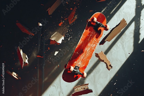 Fragmented skateboard, each piece suspended in mid-air, symbolizing the breaking of societal norms and the pursuit of individual expression. The use of contrasting colors and shadows .