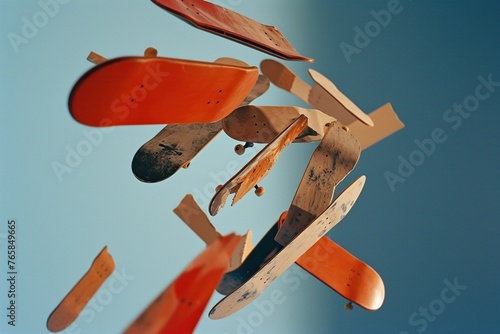 Fragmented skateboard, each piece suspended in mid-air, symbolizing the breaking of societal norms and the pursuit of individual expression. The use of contrasting colors and shadows .