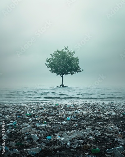 Lone tree surrounded by plastic waste on a polluted beach, highlighting the detrimental effects of pollution on natural ecosystems. The muted tones and poignant composition.
