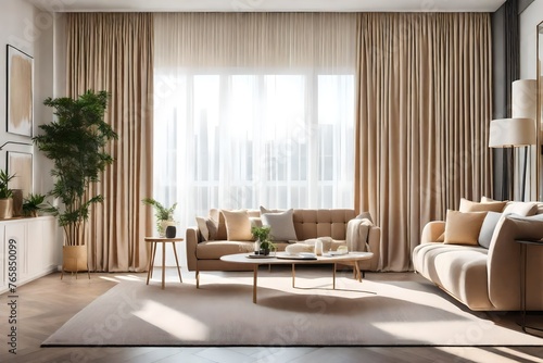 Modern living room interior with beautiful beige curtain on large bright window © Ateeq