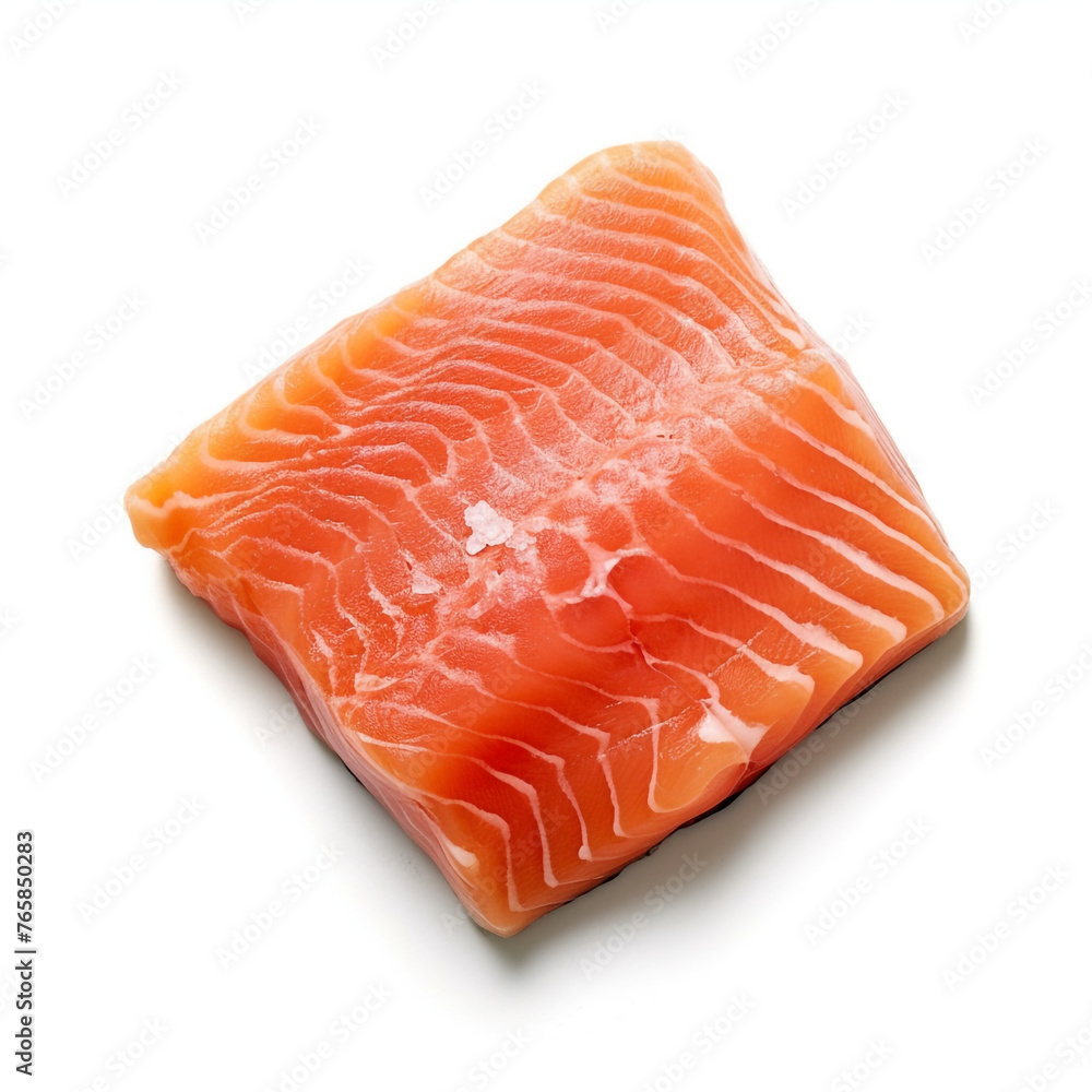 only piece of salmon, top view, white background сreated with Generative Ai only piece of salmon, top view, white background сreated with Generative Ai