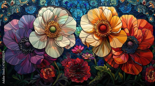 Vibrant peonies bloom in a stained glass art piece, with rich reds and greens creating a stunning visual tapestry of color and light.