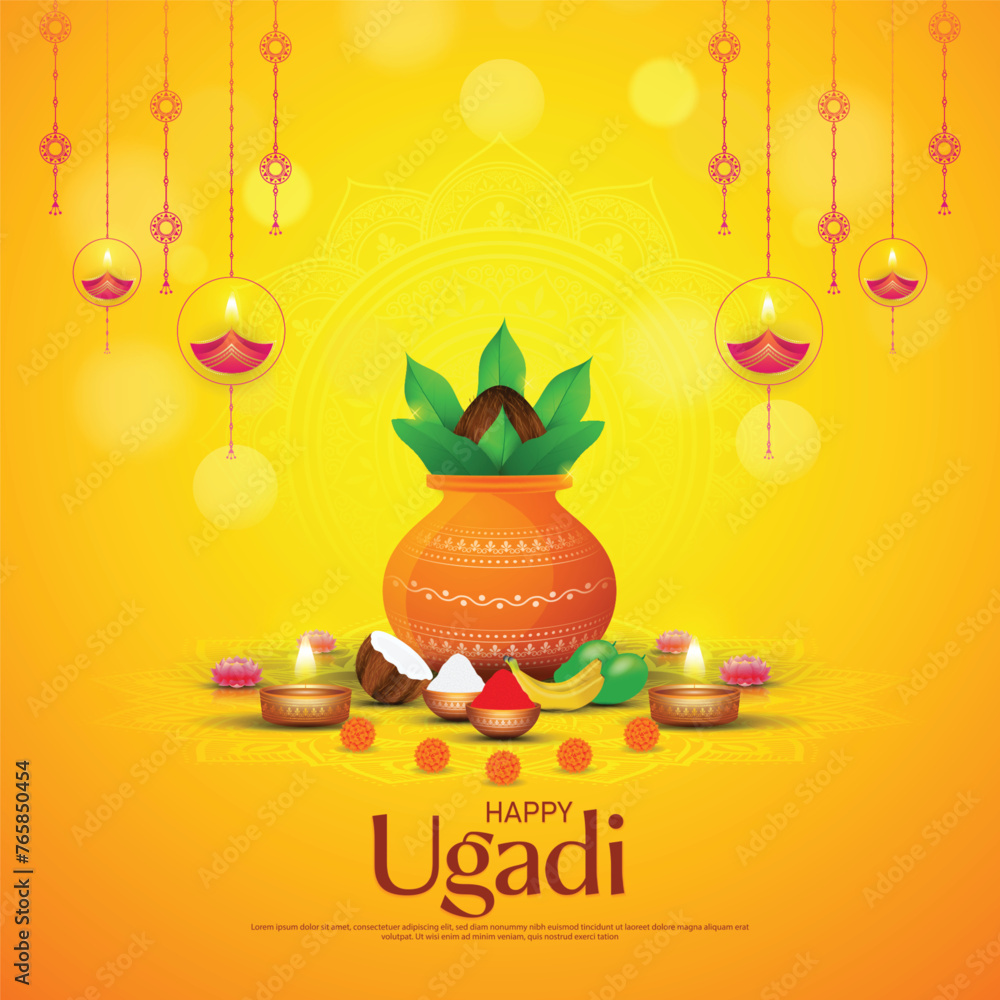 Happy Ugadi - poster template design including Kalash, banana leaf, green mango, flowers, rangoli and diya. - obrazy, fototapety, plakaty 