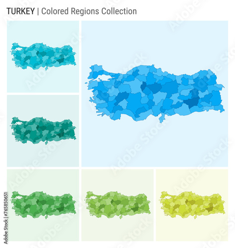 Turkey map collection. Country shape with colored regions. Light Blue, Cyan, Teal, Green, Light Green, Lime color palettes. Border of Turkey with provinces for your infographic. Vector illustration.