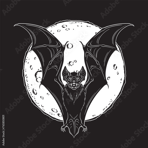 Vampire bat and full moon gothic clipart Witch familiar spirit, halloween or pagan witchcraft theme print design vector illustration.