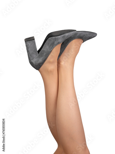 Female legs raised up, crossed feet wearing gray heeled shoes isolated on white, transparent png photo
