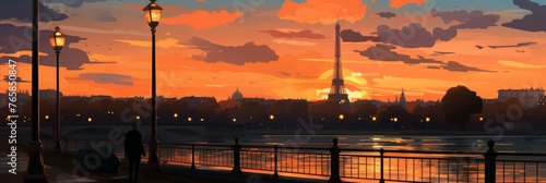 Experience the breathtaking beauty of a romantic sunset by the river with the iconic Eiffel Tower backdrop in Paris, France, ideal for a dreamy honeymoon or romantic escape. photo
