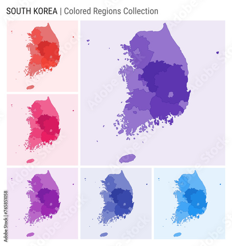 South Korea map collection. Country shape with colored regions. Deep purple, red, pink, purple, indigo, blue color palettes. Border of South Korea with provinces for your infographic.