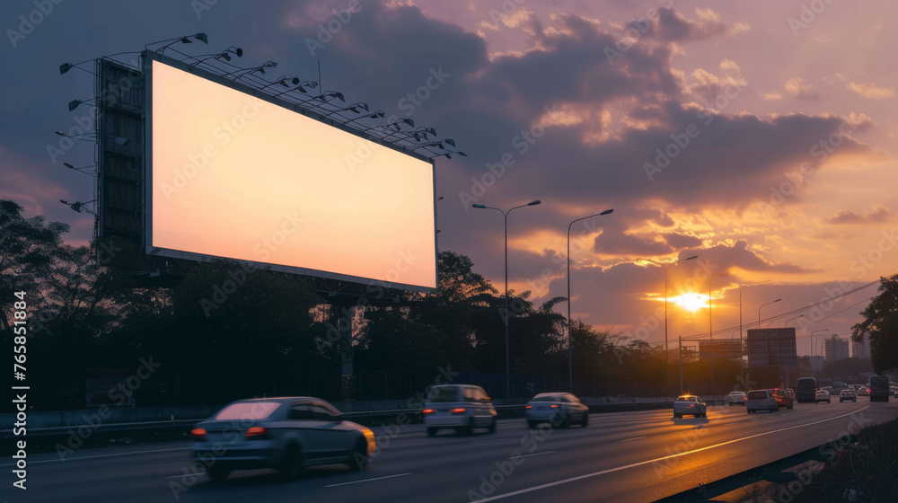 White Blank Illuminated Billboard on Busy Road at Night, Generative AI