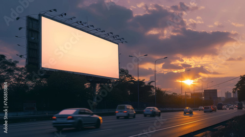 Obraz na płótnie White Blank Illuminated Billboard on Busy Road at Night, Generative AI w salonie