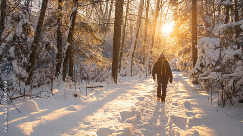 A traveler holds a path through a winter forest, a peaceful morning, soft sunlight streaming through the trees