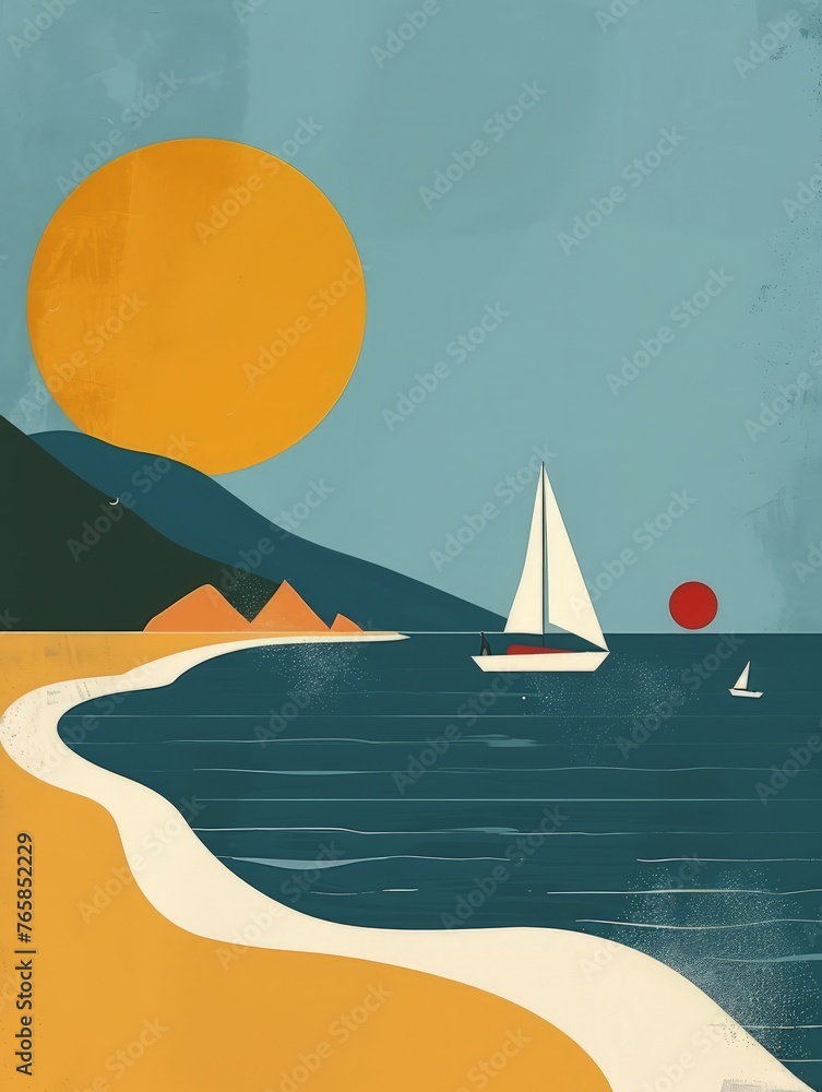 Naklejka premium A realistic painting featuring a sailboat sailing in the ocean near a beach, under a clear sky