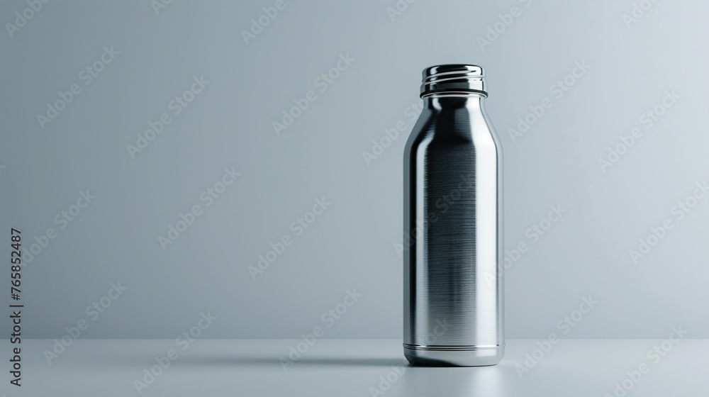 A UHD capture of a sleek stainless steel water bottle resting on a clean white surface, with open space nearby ideal for incorporating branding or promotional graphics. A UHD capture of a sleek stainless steel water bottle resting on a clean white surface, with open space nearby ideal for incorporating branding or promotional graphics.