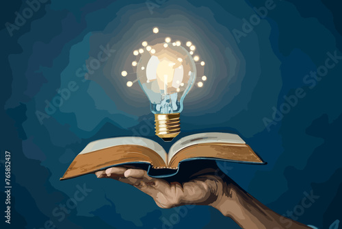 Hand holding open book with glowing lightbulb idea, knowledge and education leading to creativity, learning new skills and discovering solutions through reading, wisdom and inspiration concept. photo