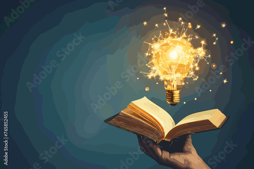 Hand holding open book with glowing lightbulb idea, knowledge and education leading to creativity, learning new skills and discovering solutions through reading, wisdom and inspiration concept. photo