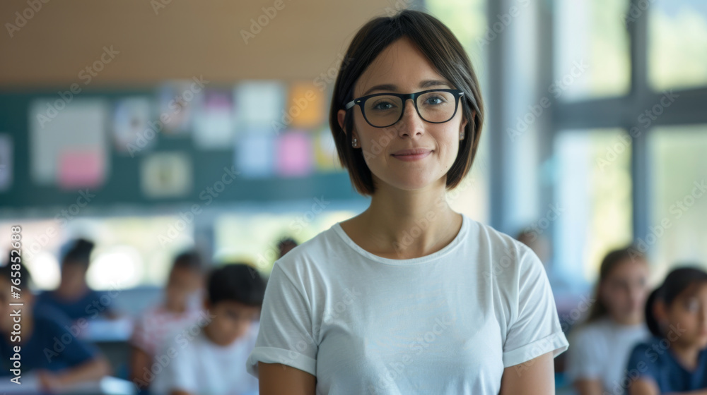 A smiling woman with glasses stands in front of a classroom full of seated students. A smiling woman with glasses stands in front of a classroom full of seated students.