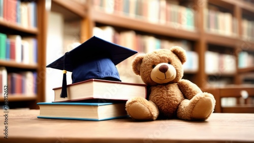Teddy bear sitting on stack of books and graduation cap on wooden table photo