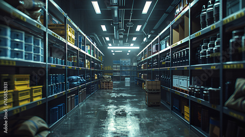 Industrial warehouse interior and inside look with lightings, Generative AI