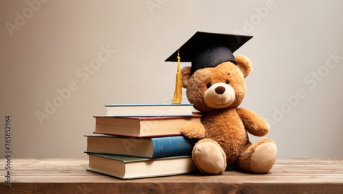 Teddy bear sitting on stack of books and graduation cap on wooden table photo