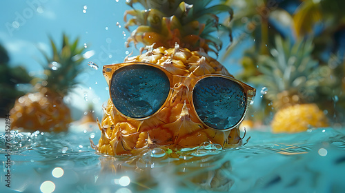 Pineapple in sunglasses floating in a pool on a sunny summer day. The concept of summer vacation, travel, vacation, relaxation. Generative AI.	