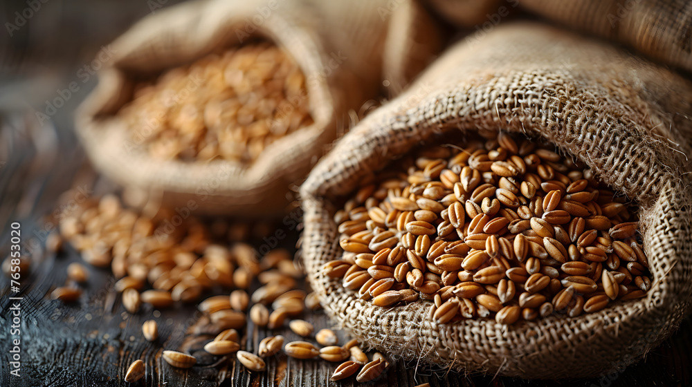 Grain falling out of the burlap bag onto the wooden surface. Bokeah background. Wheat grains. Harvest and agricultural concept. Food industry. Generative AI. Grain falling out of the burlap bag onto the wooden surface. Bokeah background. Wheat grains. Harvest and agricultural concept. Food industry. Generative AI.