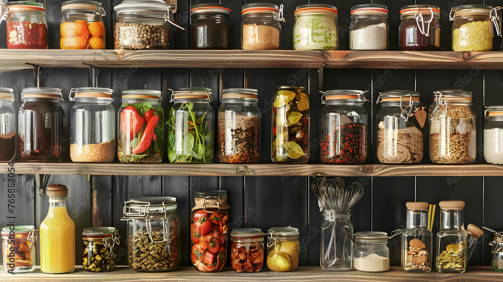 glass jars filled with various food products, neatly arranged on the shelves of a kitchen, showcasing organization and culinary diversity in a home setting glass jars filled with various food products, neatly arranged on the shelves of a kitchen, showcasing organization and culinary diversity in a home setting
