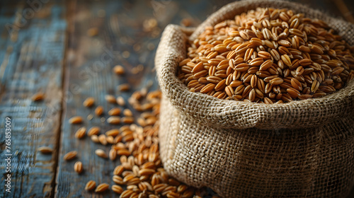 Grain in a burlap bag on a wooden surface. Bokeah background. Wheat grains. Harvest and agricultural concept. Food industry. Generative AI.	