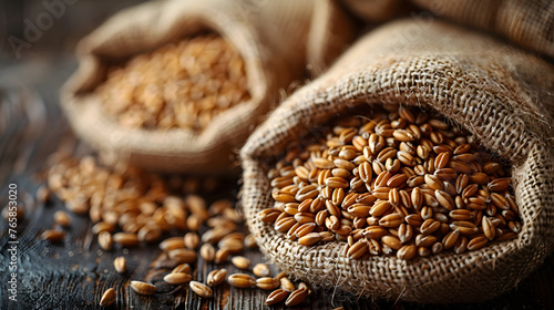 Grain falling out of the burlap bag onto the wooden surface. Bokeah background. Wheat grains. Harvest and agricultural concept. Food industry. Generative AI.
