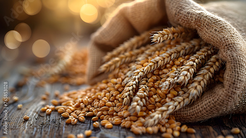 Grain falling out of the burlap bag onto the wooden surface. Bokeah background. Wheat grains and spikelets. Harvest and agricultural concept. Food industry. Generative AI.