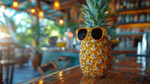 Pineapple in sunglasses standing on the bar counter. The concept of summer vacation, travel, vacation, relaxation. Generative AI	