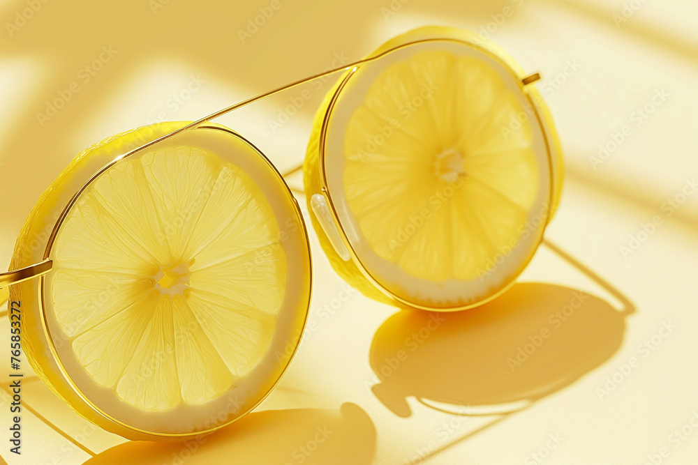 Sunglasses made of lemon slices. Fresh sliced lemon fruit in the shape of sunglasses. Summer, vacations, vitamins and fruits concept. Vegan diet, fashion, minimal creative summer layout. Sunglasses made of lemon slices. Fresh sliced lemon fruit in the shape of sunglasses. Summer, vacations, vitamins and fruits concept. Vegan diet, fashion, minimal creative summer layout.