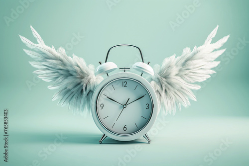 Alarm clock with angel wings flying on pastel background. Time flies concept, time management, free time. Time of flight. Day schedule, lack of time, running out of time, countdown, hurry, rush.