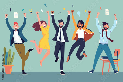 Happy office workers, joyful staff or employee success, team or colleague celebrate work achievement together, diverse, excited people concept, business people office worker jump to celebrate success. photo