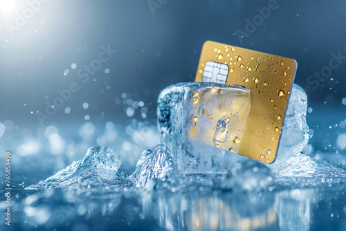 Credit card frozen in ice cube. Frozen bank account. Frozen funds and assets, unavailable money. The concept of bankruptcy and capital freezing, capital outflow restrictions, deposit risk, sanctions. photo